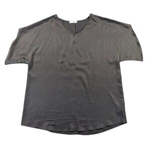 Black V-Neck Satin Short Sleeve Blouse Top‎ HT Medium Minimalist Silky Shirt